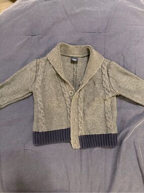 GAP Kids Cable Knit Shawl Collar Jacket - Gray with Navy Trim